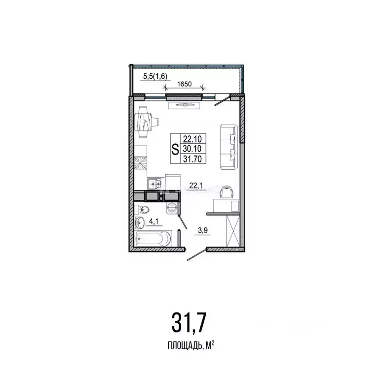 Студия Краснодарский край, Новороссийск ул. Куникова, 55к1 (30.4 м) - Фото 1