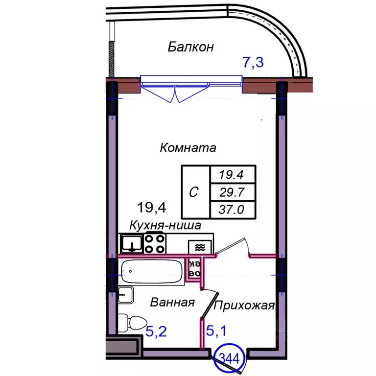 Студия Калининградская область, Светлогорск Балтийская ул. (37.0 м) - Фото 1