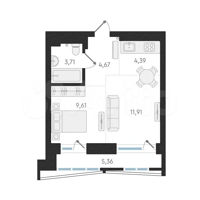 Квартира-студия, 34,3 м, 5/8 эт. - Фото 1