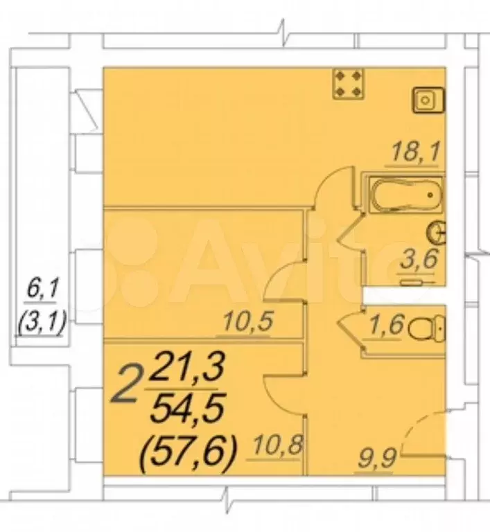 2-к. квартира, 58 м, 1/10 эт. - Фото 1