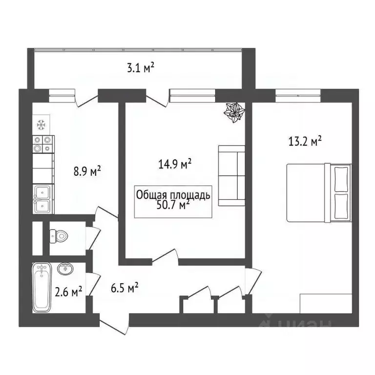 2-к кв. Новосибирская область, Новосибирск ул. Марата, 1 (50.7 м) - Фото 1