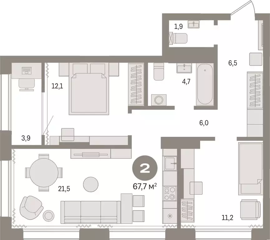 2-комнатная квартира: Тюмень, Краснооктябрьская улица, 4к3 (67.73 м) - Фото 1