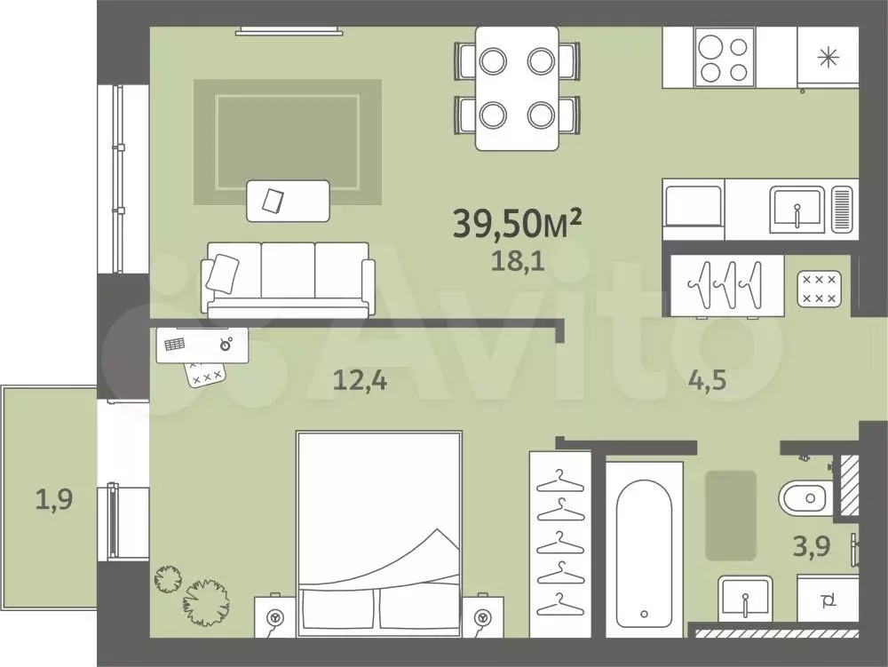 1-к. квартира, 39,5 м, 7/7 эт. - Фото 0