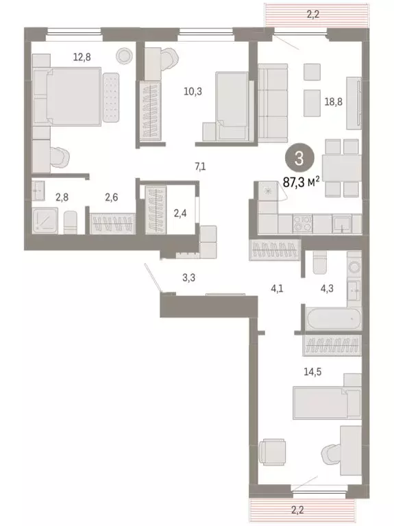 3-комнатная квартира: Новосибирский район, рабочий посёлок Краснообск, ... - Фото 2