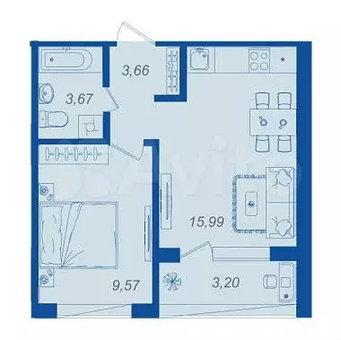 1-к. квартира, 34,5 м, 2/17 эт. - Фото 1