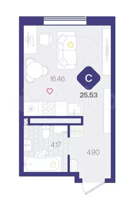 Квартира-студия, 25,5 м, 8/12 эт. - Фото 1