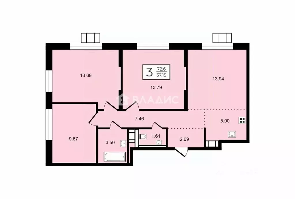 Квартира, 3 комнаты, 72.59 м - Фото 2