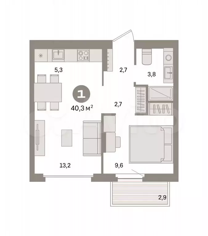 1-к. квартира, 40,3 м, 7/9 эт. - Фото 0