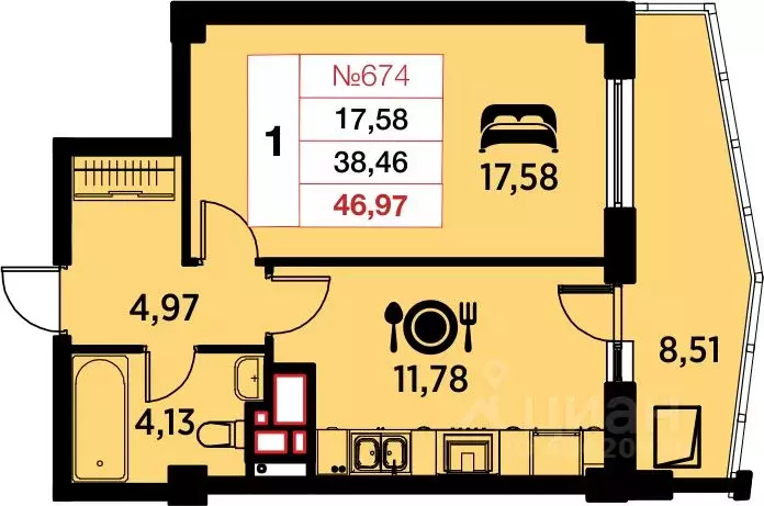 1-к кв. Калининградская область, Калининград ул. Гайдара, 94 (46.97 м) - Фото 0