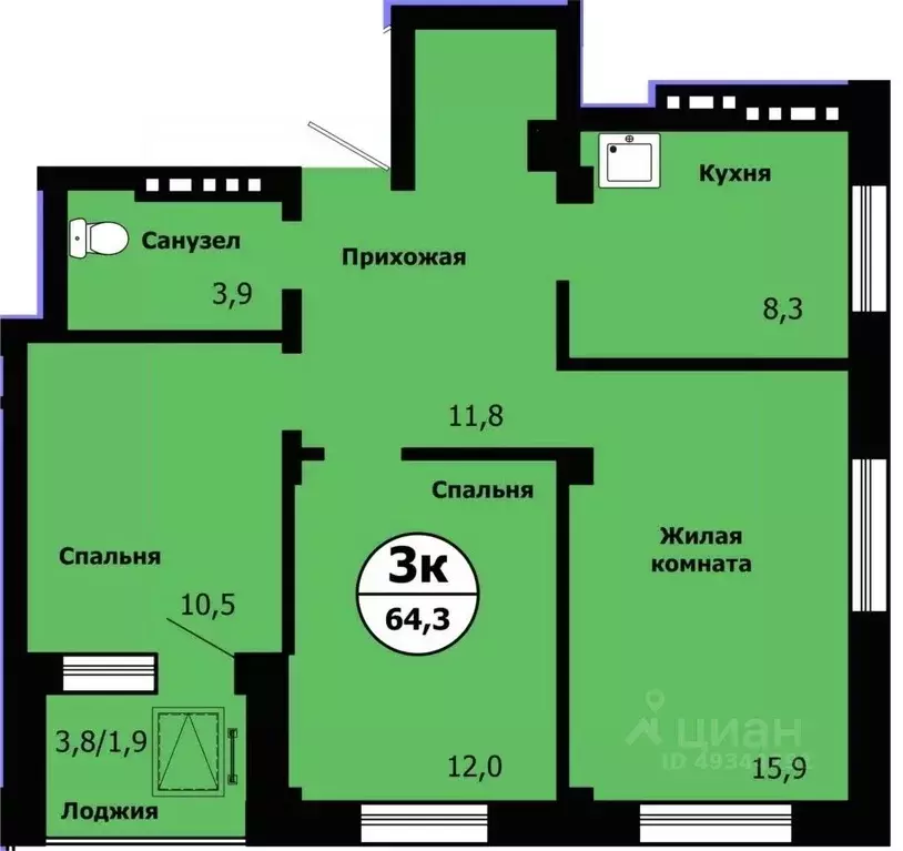 3-к кв. Красноярский край, Красноярск ул. Лесников, 49 (63.2 м) - Фото 0