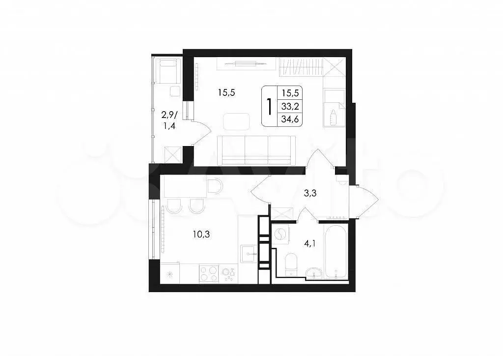 1-к. квартира, 34,6 м, 9/17 эт. - Фото 1