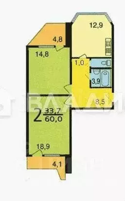 2-к. квартира, 60 м, 6/14 эт. - Фото 0