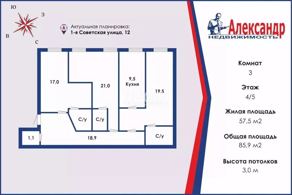 3-к кв. Санкт-Петербург 1-я Советская ул., 12 (85.9 м) - Фото 0