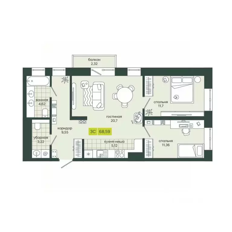 3-к кв. Новосибирская область, Новосибирск Гринвилл жилой комплекс ... - Фото 1