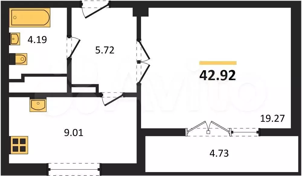 1-к. квартира, 42,9 м, 8/9 эт. - Фото 1