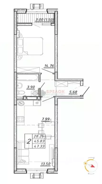 2-к кв. Ростовская область, Ростов-на-Дону ул. Зорге, 11 (47.3 м) - Фото 2