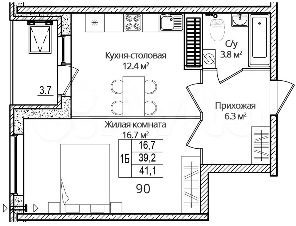 1-к. квартира, 41,1 м, 13/16 эт. - Фото 0