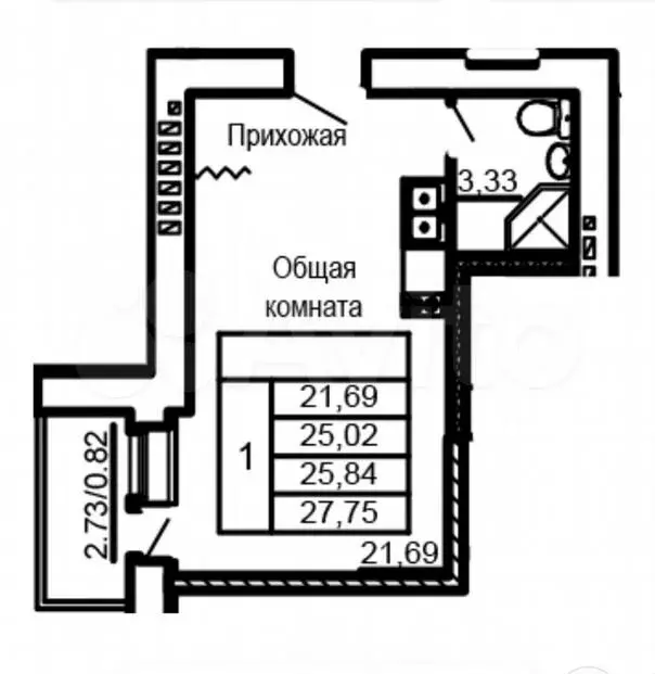 Квартира-студия, 26 м, 8/9 эт. - Фото 1