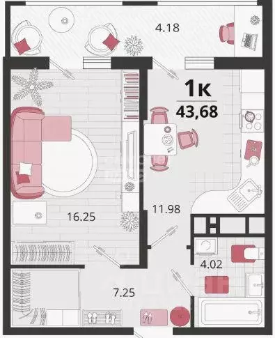 Квартира, 1 комната, 42 м - Фото 1