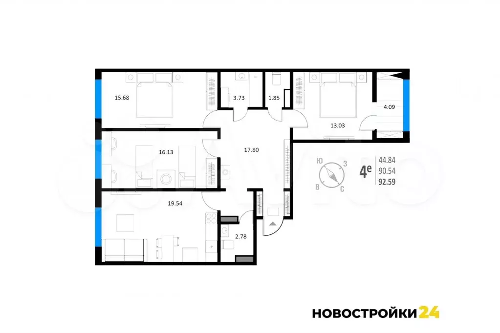 3-к. квартира, 92,6 м, 7/20 эт. - Фото 1