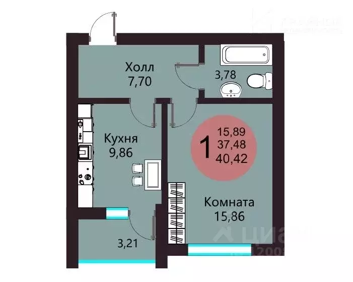 1-к кв. Воронежская область, Воронеж ул. Курчатова, 32 (40.42 м) - Фото 0