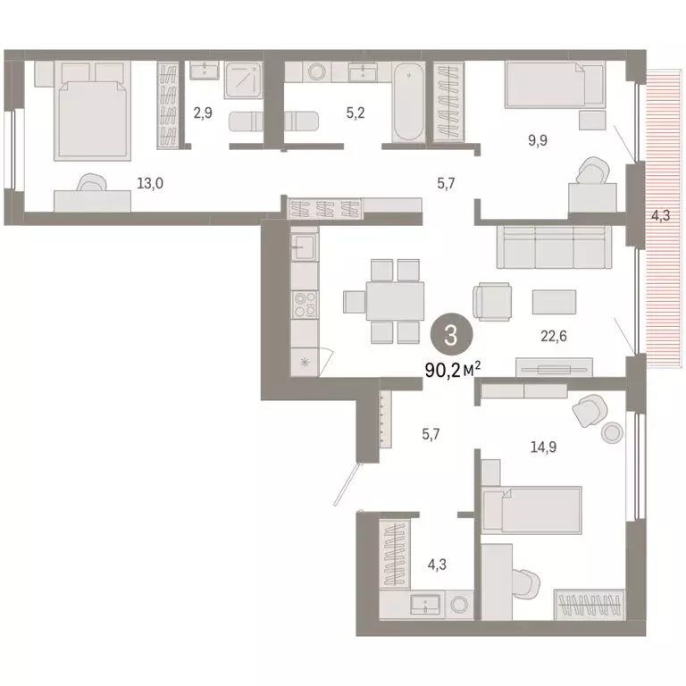 3-комнатная квартира: Новосибирск, квартал Лебедевский, 1/3 (90.2 м) - Фото 2