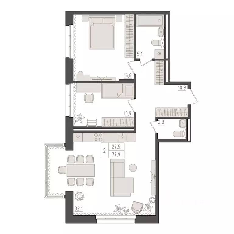 2-к кв. Башкортостан, Уфа 563-й кв-л,  (77.9 м) - Фото 1