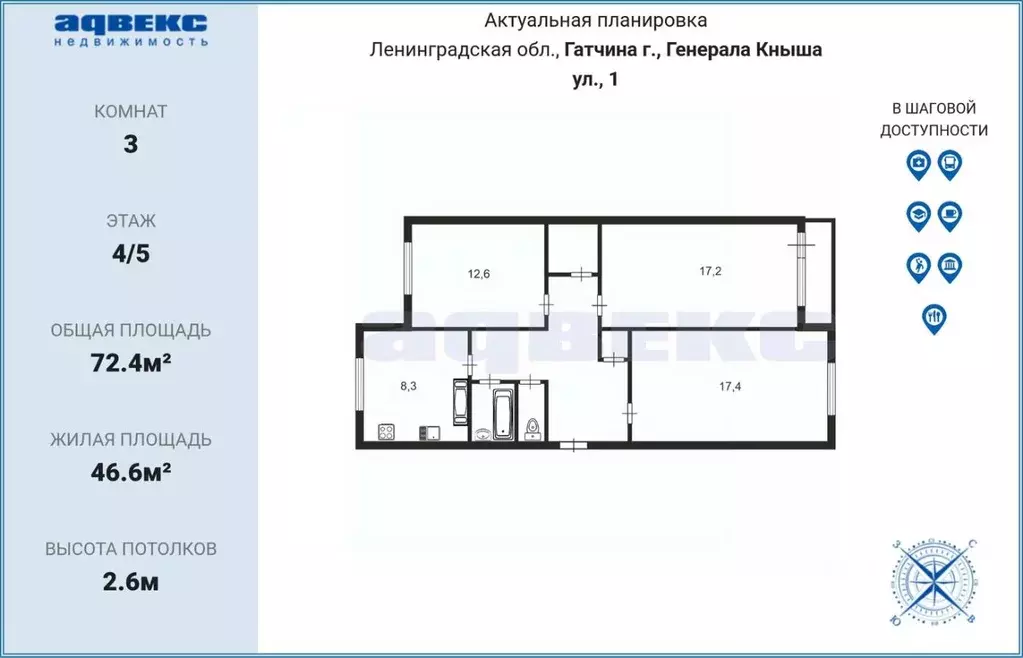3-к кв. Ленинградская область, Гатчина ул. Генерала Кныша, 1 (72.4 м) - Фото 2