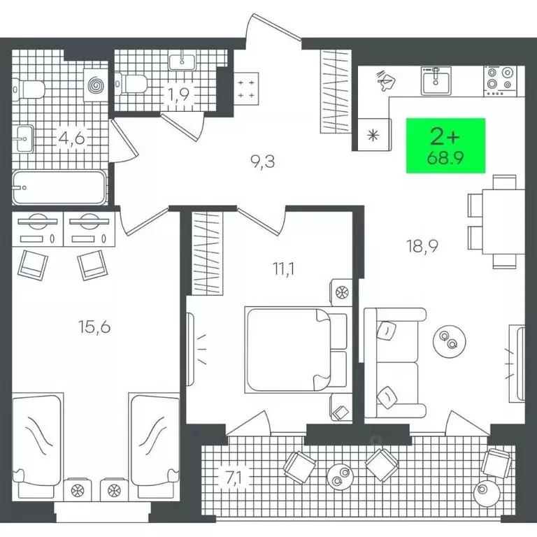 2-к кв. Тюменская область, Тюмень ул. Василия Малкова, 19 (68.99 м) - Фото 0