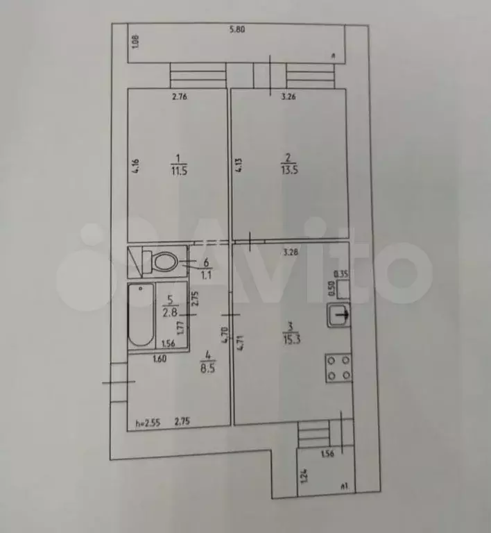 2-к. квартира, 52,7 м, 5/5 эт. - Фото 0