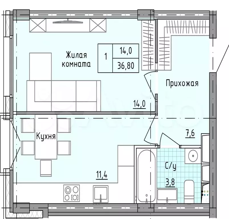 1-к. квартира, 36,8 м, 23/25 эт. - Фото 1