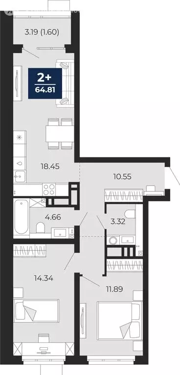 2-комнатная квартира: Тюмень, Арктическая улица, 14 (66.4 м) - Фото 1