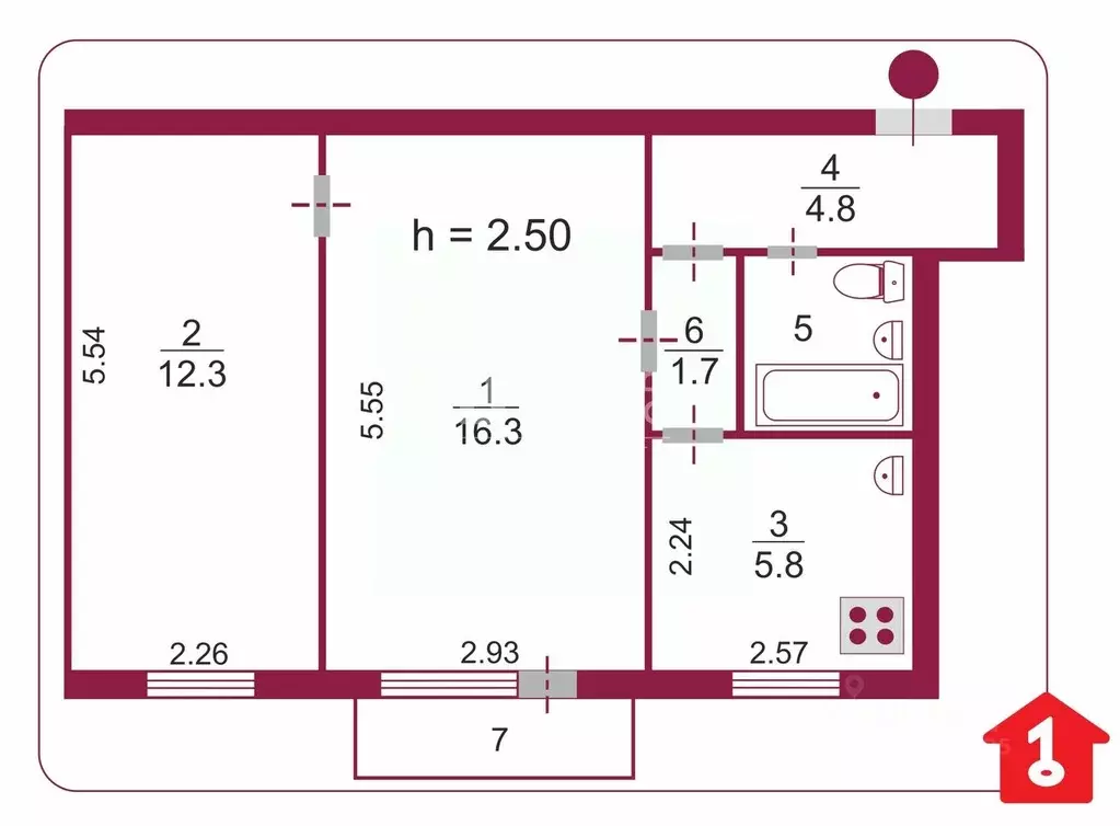 2-к кв. Омская область, Омск просп. Мира, 12 (44.1 м) - Фото 1