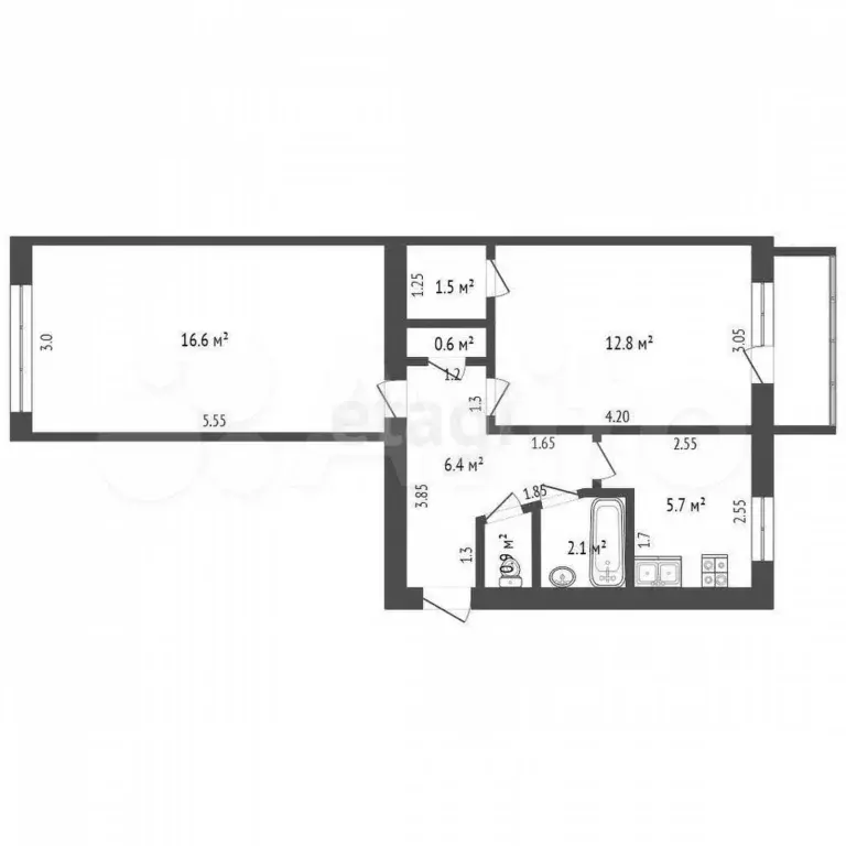 2-к. квартира, 46,6 м, 2/5 эт. - Фото 0