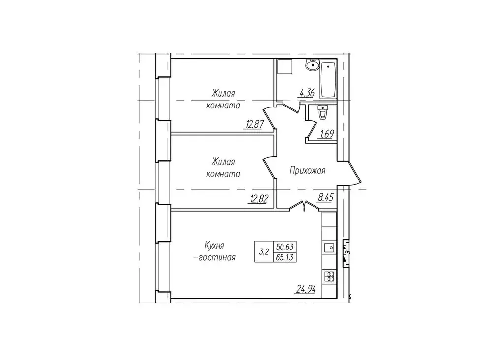 3-комнатная квартира: Чебоксары, улица Фридриха Энгельса, поз7 (65.13 ... - Фото 1