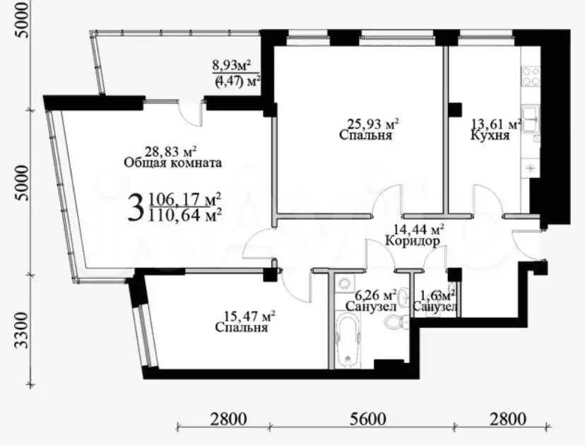 3-к. квартира, 115,1 м, 4/7 эт. - Фото 1