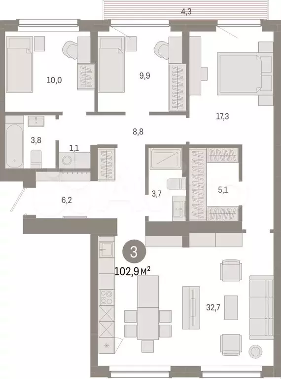 3-к. квартира, 102,9 м, 9/12 эт. - Фото 0