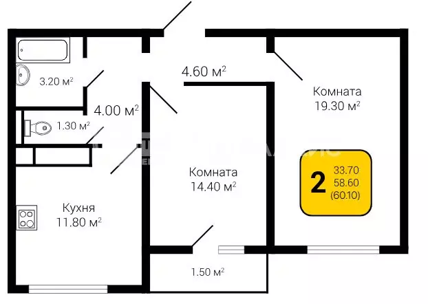 2-комнатная квартира: Воронеж, улица Шишкова, 140Б/23 (60.1 м) - Фото 0