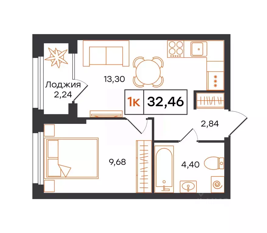 1-к кв. Тюменская область, Тюмень Полевая ул., 117к12 (32.46 м) - Фото 1