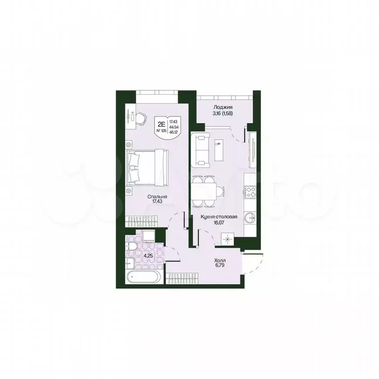1-к. квартира, 46,1 м, 4/4 эт. - Фото 0