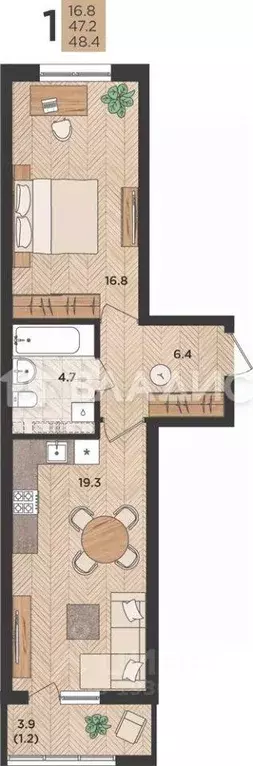 Квартира, 1 комната, 47.2 м - Фото 0