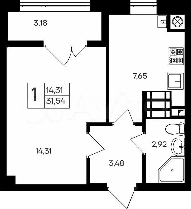 1-к. квартира, 31,5 м, 7/9 эт. - Фото 0