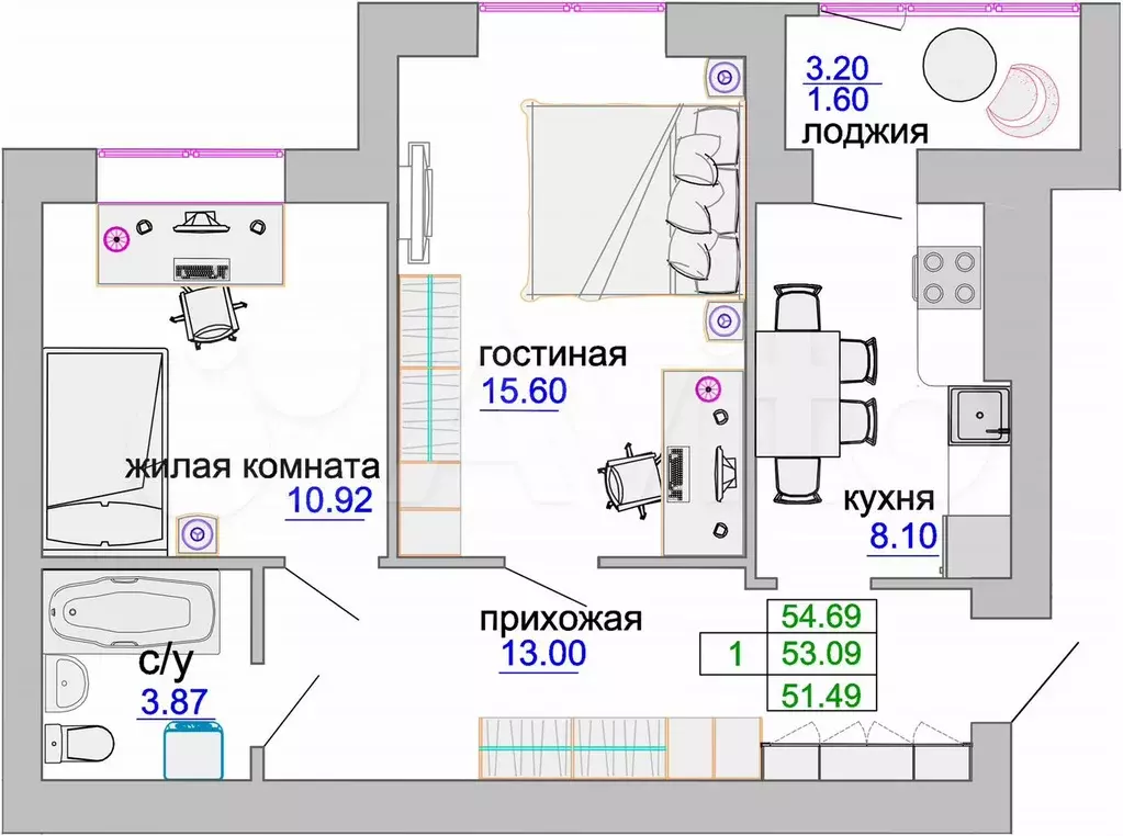 2-к. квартира, 53,7 м, 1/9 эт. - Фото 1