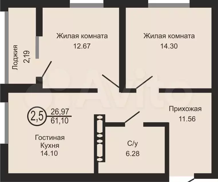 2-к. квартира, 61,1 м, 10/20 эт. - Фото 0