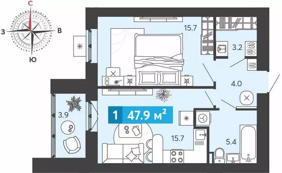 1-комнатная квартира: Засечное, Прибрежный бульвар, 5 (47.9 м) - Фото 1
