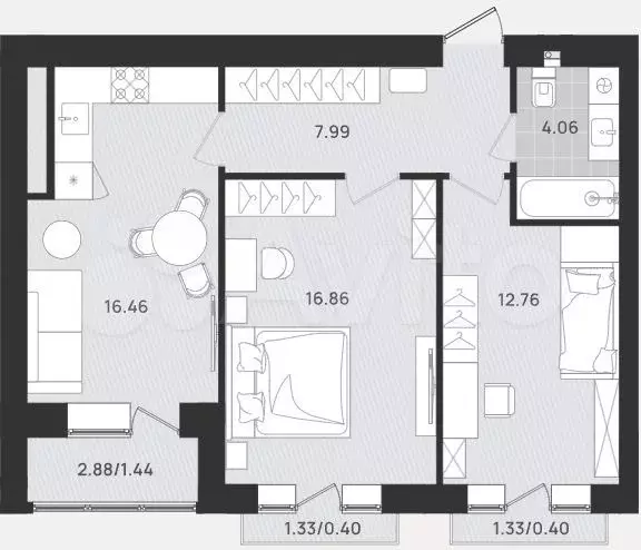 2-к. квартира, 60,4 м, 9/9 эт. - Фото 1