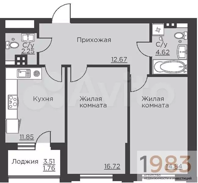 2-к. квартира, 64,7 м, 2/18 эт. - Фото 0