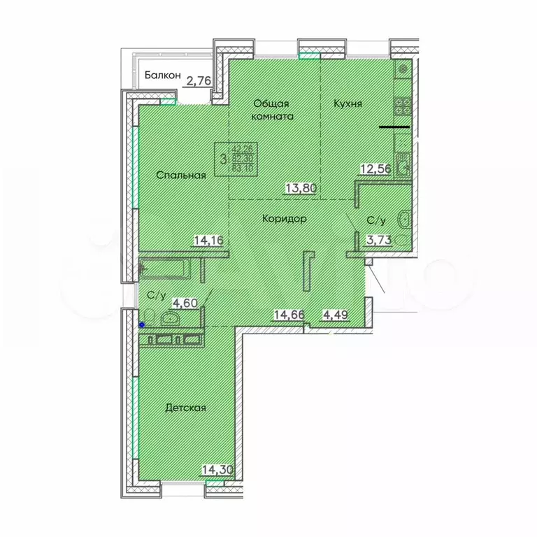 3-к. квартира, 83,1 м, 2/9 эт. - Фото 0