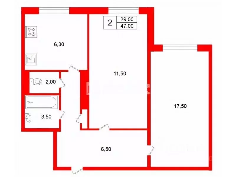 2-к кв. Санкт-Петербург ул. Кустодиева, 20К2 (47.0 м) - Фото 2