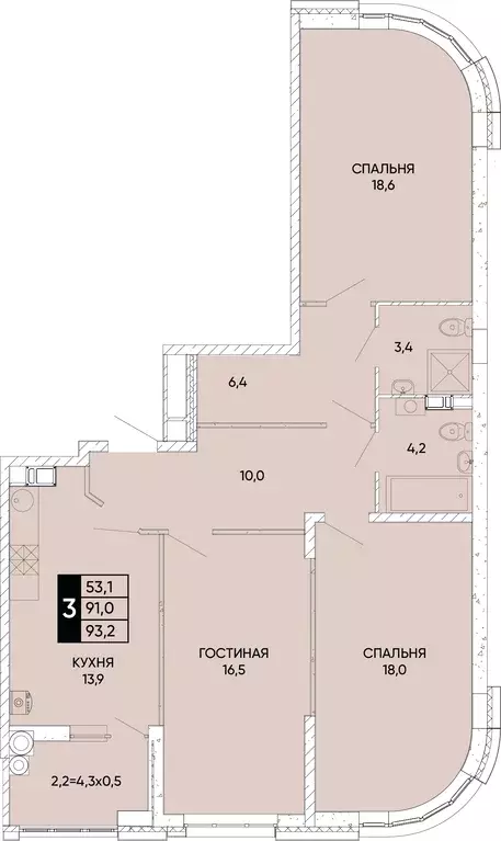 3-к квартира, 93.2 м - Фото 0